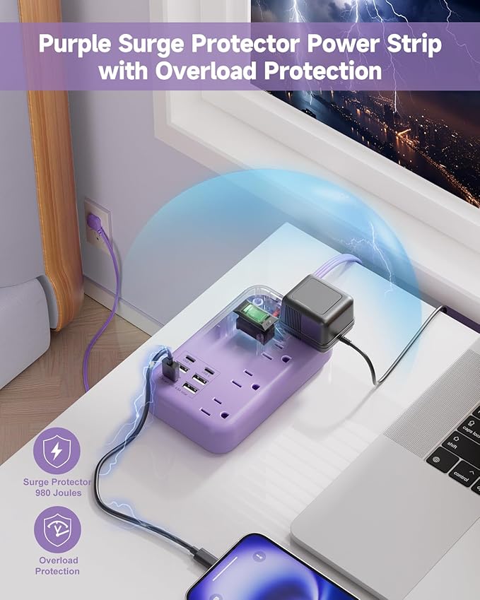 6 USB(2 USB C) Purple Travel Power Strip- 5Ft Lavender Extension Cord with 24W USB Charging Station and 4 Outlets, Purple Desk Accessories with Surge Protector for Cute Kawaii Office Dorm Room