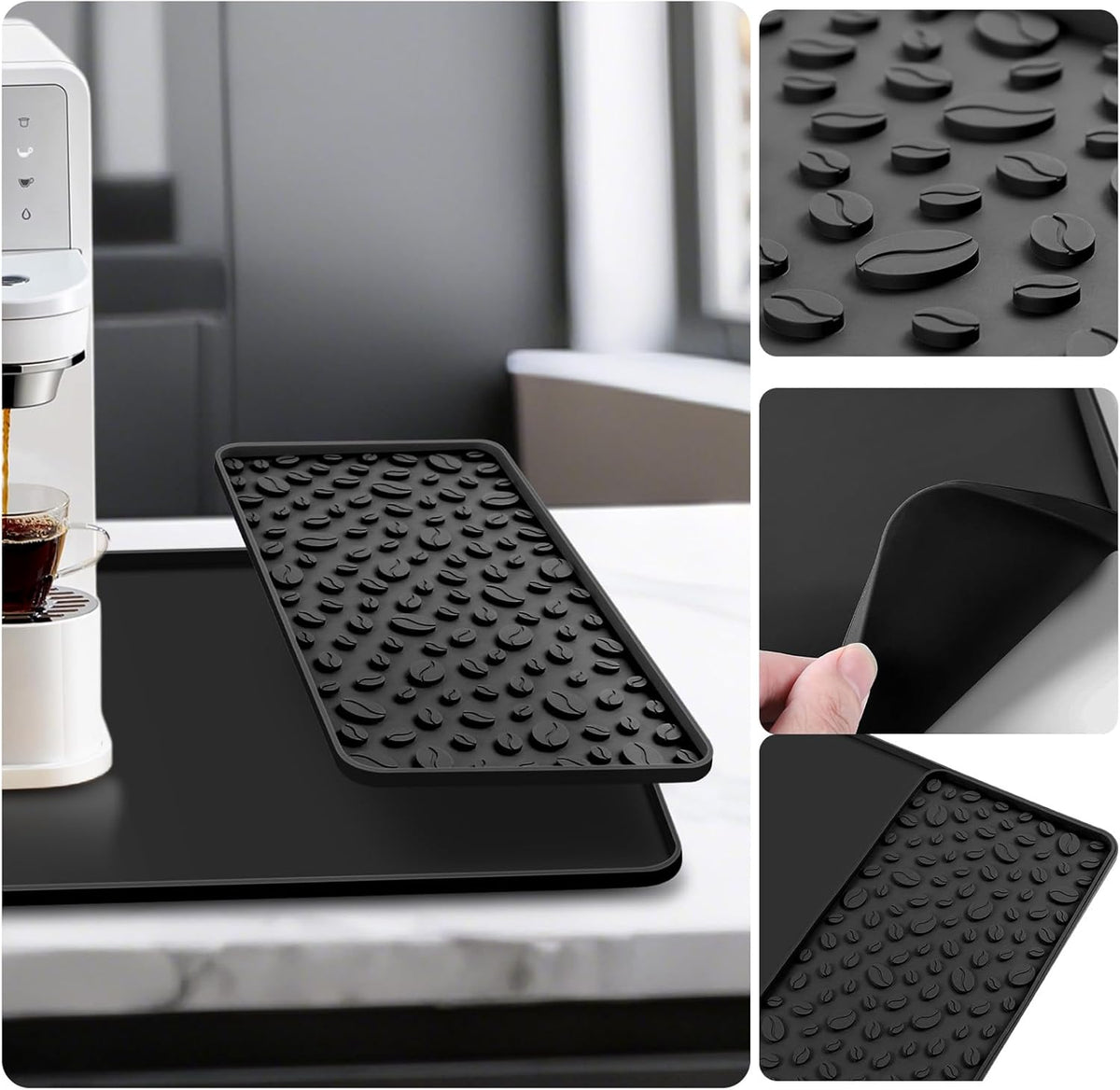 Silicone Coffee Bar Mat 24''x16'' Non-Slip Coffee Maker Mat, Heat-resistant Silicone Mat Detachable Dish Drying Mats for Kitchen Countertops, Station Mat, Waterproof Under Pad (black, 24''x16'')