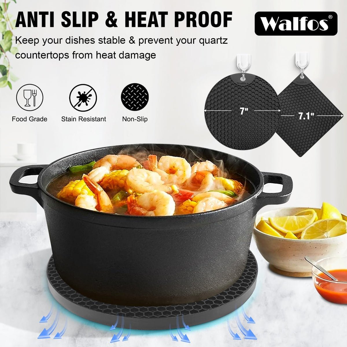 Walfos Silicone Trivet Mats - 4 Heat Resistant Pot Holders, Multipurpose Non-Slip Hot Pads for Kitchen Potholders, Hot Dishers, Jar Opener, Spoon Holder, Food Grade Silicone & BPA Free (Black)