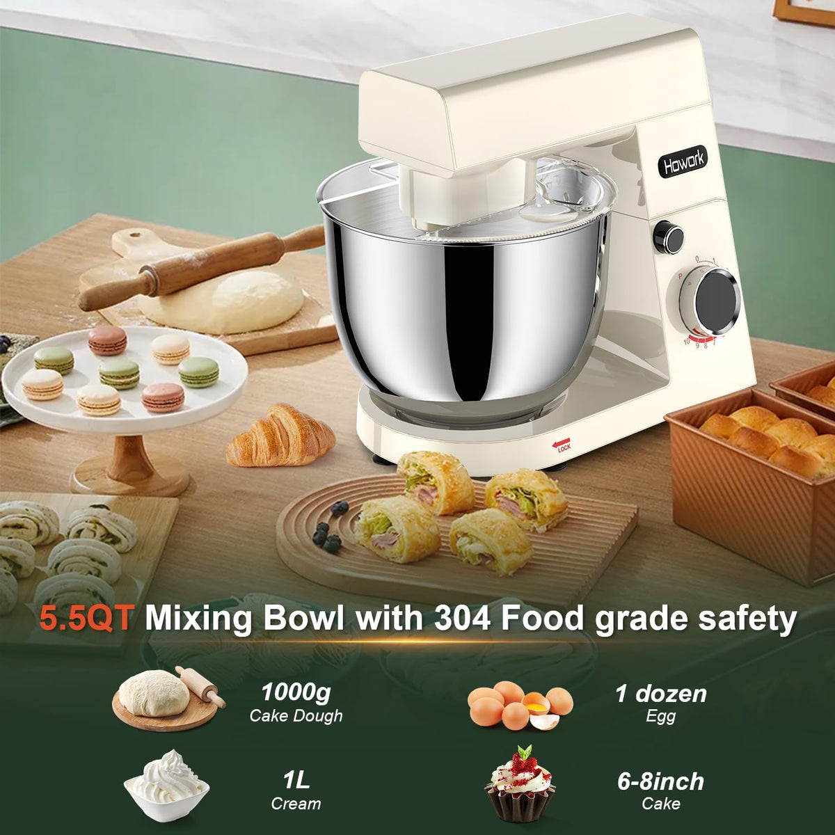 HOWORK Stand Mixer,10+p Speeds With 5.5QT Stainless Steel Bowl,Dough Hook, Wire Whip & Beater,for Most Home Cooks,Cream White