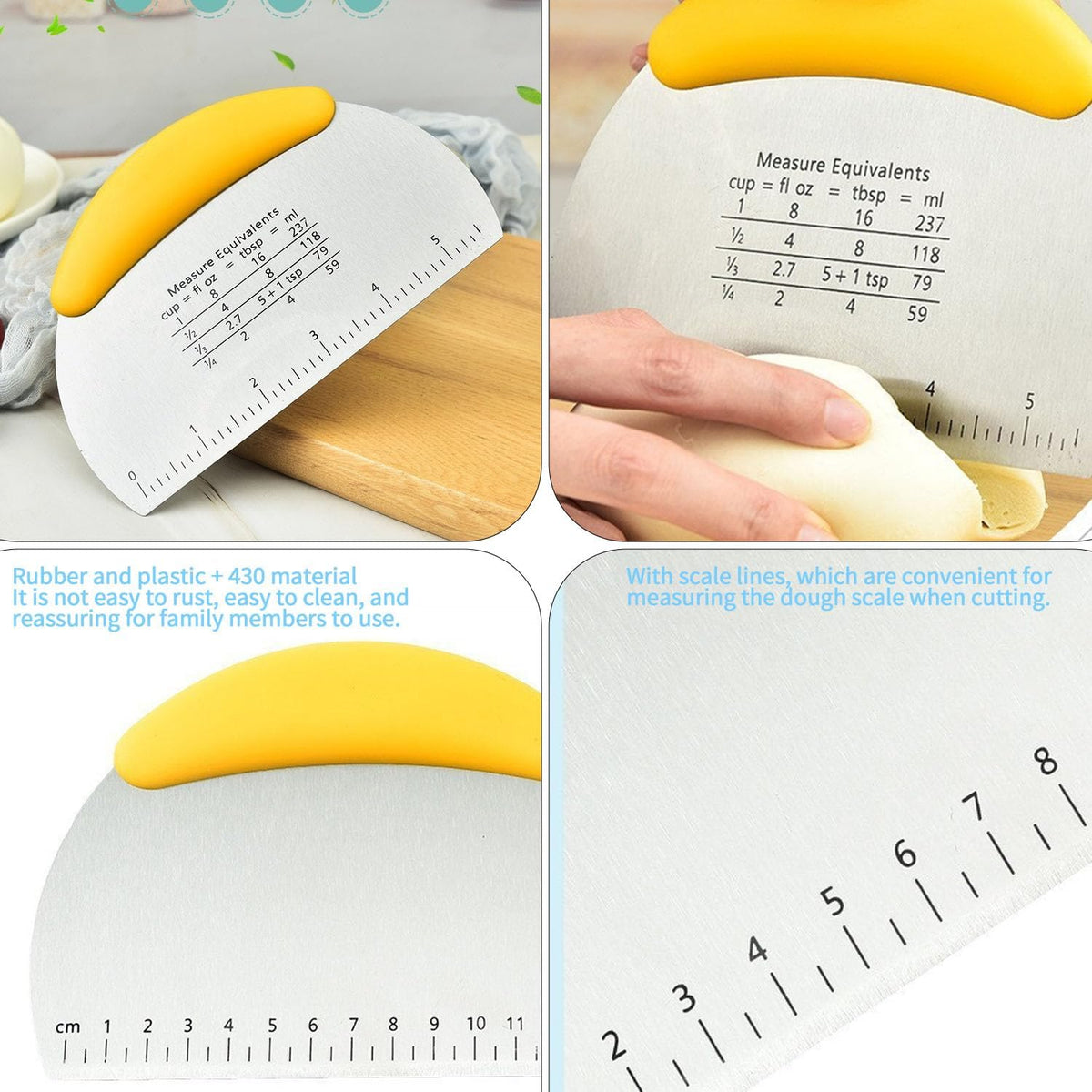 2PCS Dough Scraper Pastry Cutter Dough Cutter Stainless Steel Mirror Polished with Measuring Scale Multipurpose- Cake, Pizza Cutter Pastry Bread Separator Scale Knife (Yellow)