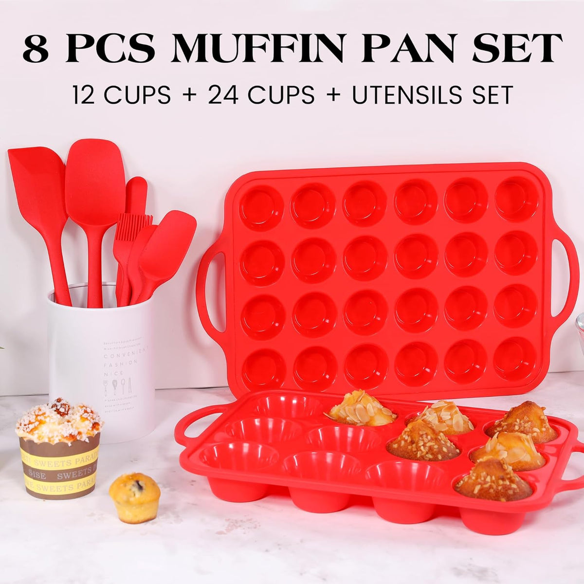 3 Pcs Silicone Baking Pan Set - Including 1 Pc Mini Loaf Pan, 1 Pc Standard Muffin Pan and 1 Pc Mini Muffin Pan - Silicone Cupcake Molds With Metal Reinforced Frame (Red)