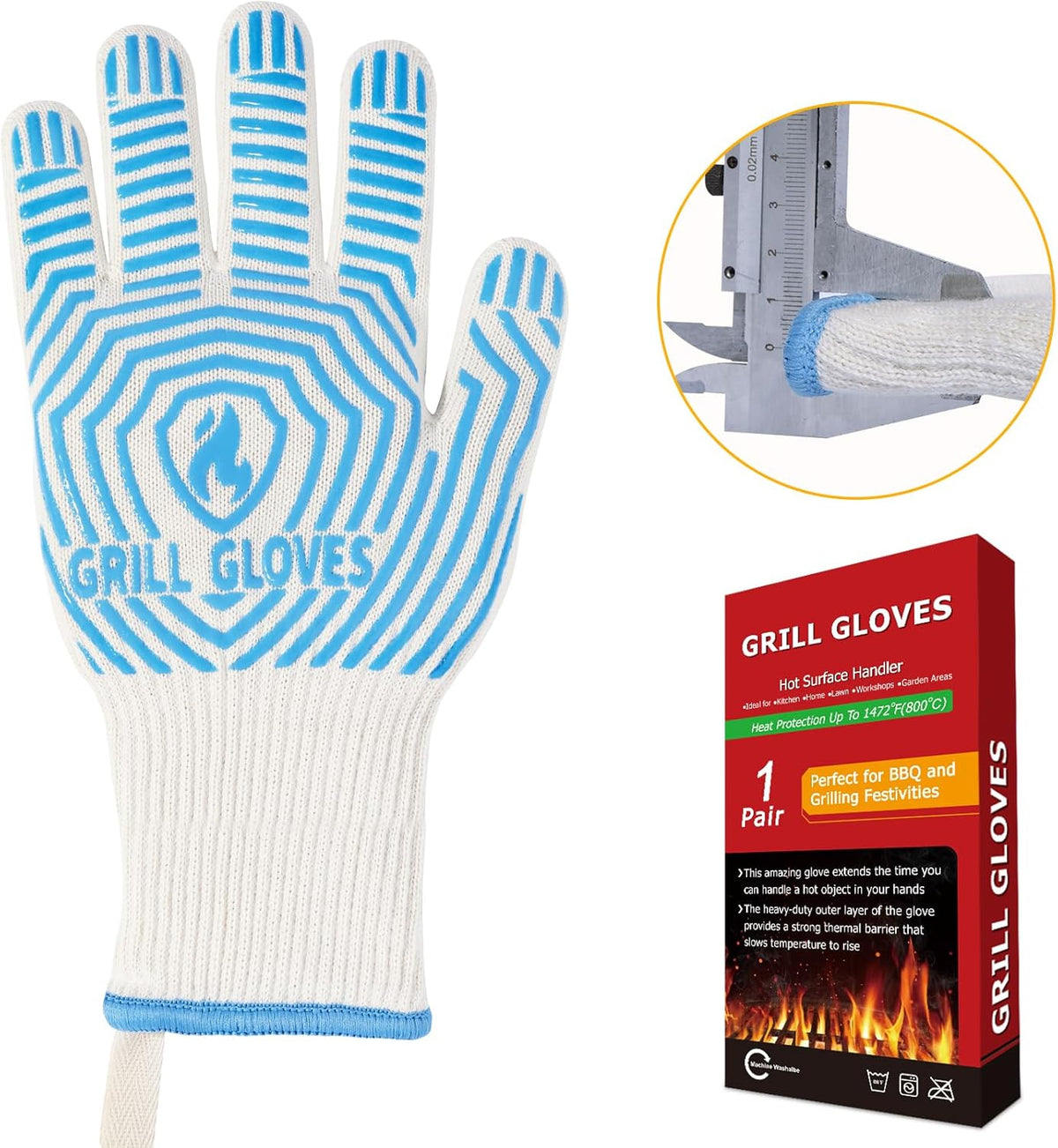 QUWIN BBQ Gloves, Oven Gloves 1472℉ Extreme Heat Resistant, Grilling Gloves Silicone Non-Slip Oven Mitts, Kitchen Gloves for BBQ, Grilling, Cooking, Baking-1 Pair… (Blue, One Size(Long Cuff))