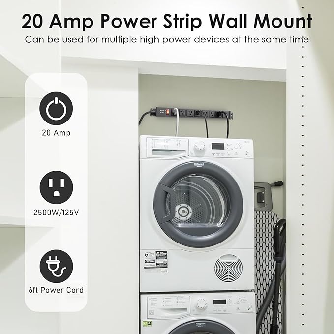 JUNNUJ 20 Amp Power Strip Surge Protector 4800J, Heavy Duty 8 Outlet Metal Multi Angle Mount, 20A Garage Power Strip Shop 6-20R T-Slot, 5-15P Plug 12 Gauge Extension Cord 6ft for Appliance