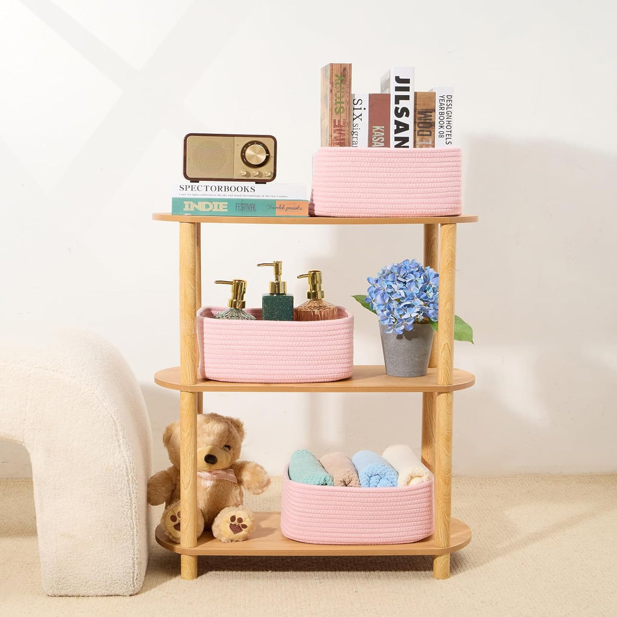 Small Storage Baskets for Organizing | Closet Organizer Bins | Shelf Toy Basket | Woven Rope Baskets | Cube Decorative Box | Shallow Basket | 11.5x7.5x4.7โ | 4 Packs Light Pink