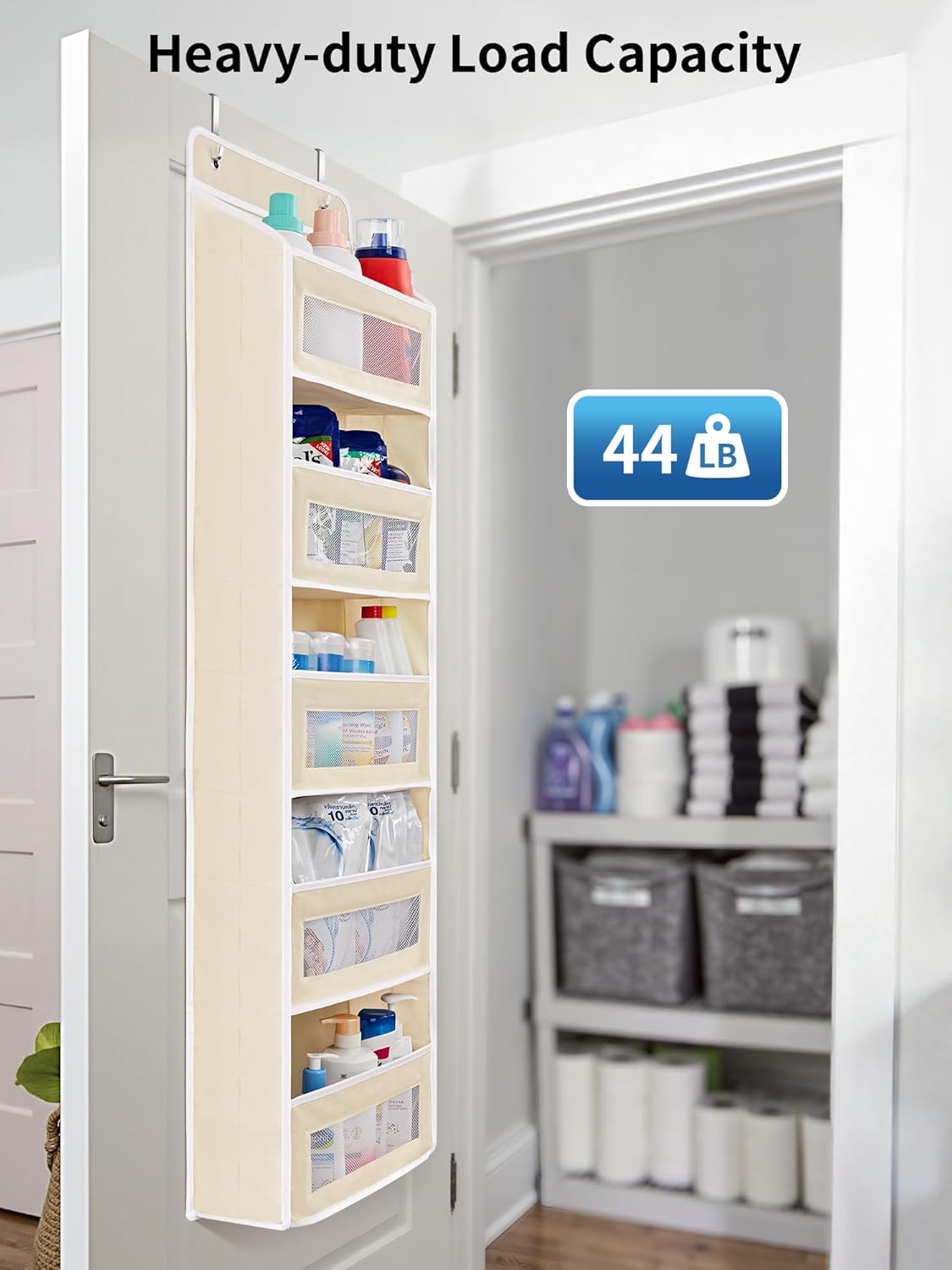 JARLINK Over The Door Organizer Storage, 5 Shelf Hanging Door Organizer with 5 Large Capacity Pockets, Anti Tilt 44 lb Load Behind Door Storage for Bedroom, Bathroom, Pantry, Nursery, (Beige)