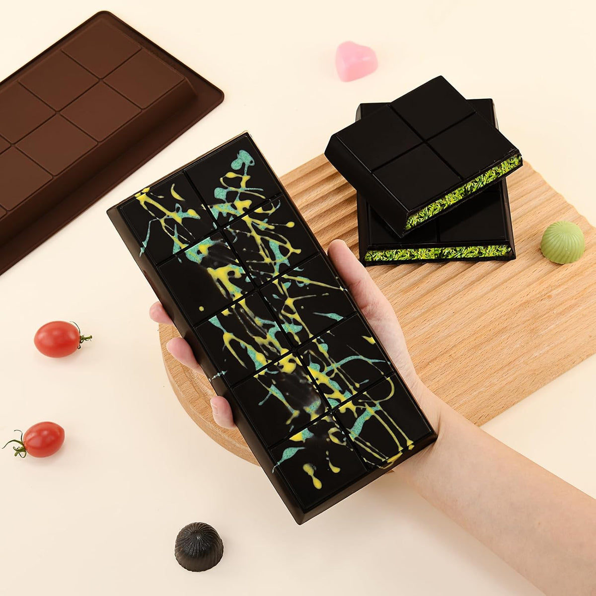 2 Pcs Chocolate Molds Silicone, Deep Chocolate Bar Mold, Non-Stick Food Grade Chocolate Mold for Dubai Chocolate Bar Pistachio, Candy Making - 10 Square Shape