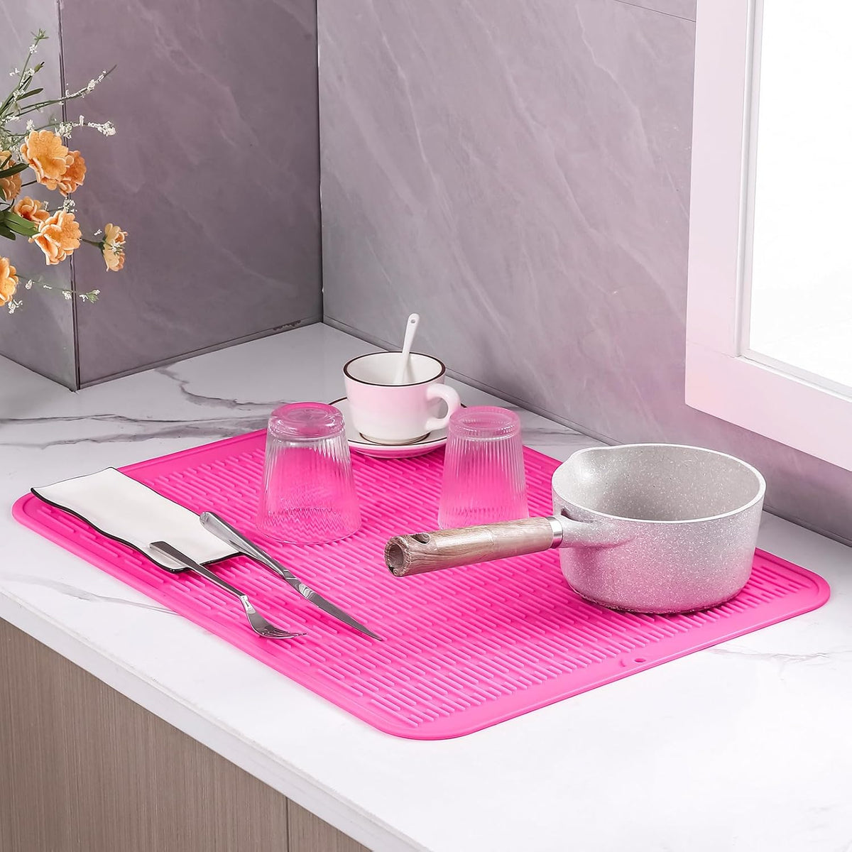 Silicone Dish Drying Mat for Multiple Usage,Easy clean,Eco-friendly,Heat-resistant Silicone Mat for Kitchen Counter or Sink,Refrigerator or Drawer Liner Rose 2XL 24 inches x 18 inches