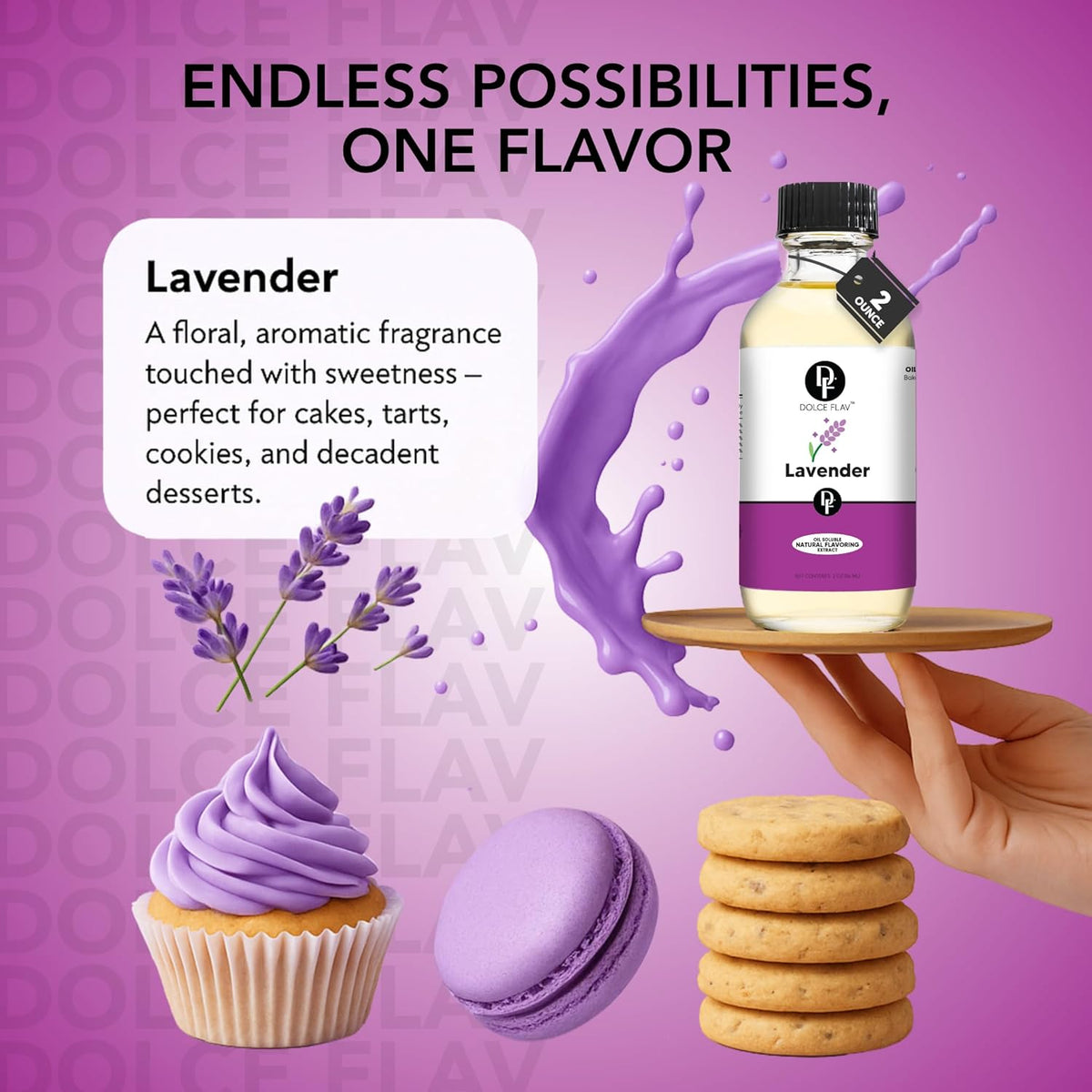 Dolce Flav Natural Lavender Extract – 2 Ounce Oil-Soluble Kosher, Sugar-Free, Concentrated Floral Lavender Flavoring for Baking, Chocolates & Desserts, Includes Measured Dropper