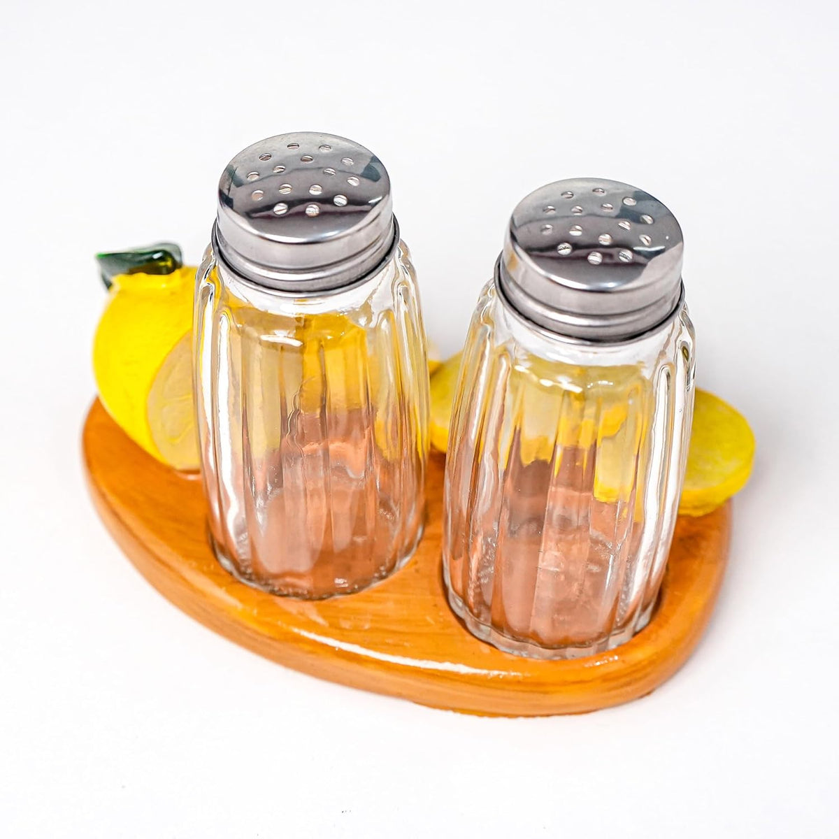 Lemon Decor Salt And Pepper Dispenser Shaker Holder for Kitchen DéCor - with Lemon Figurine And Statues Holder - Includes Glass Spice Jars