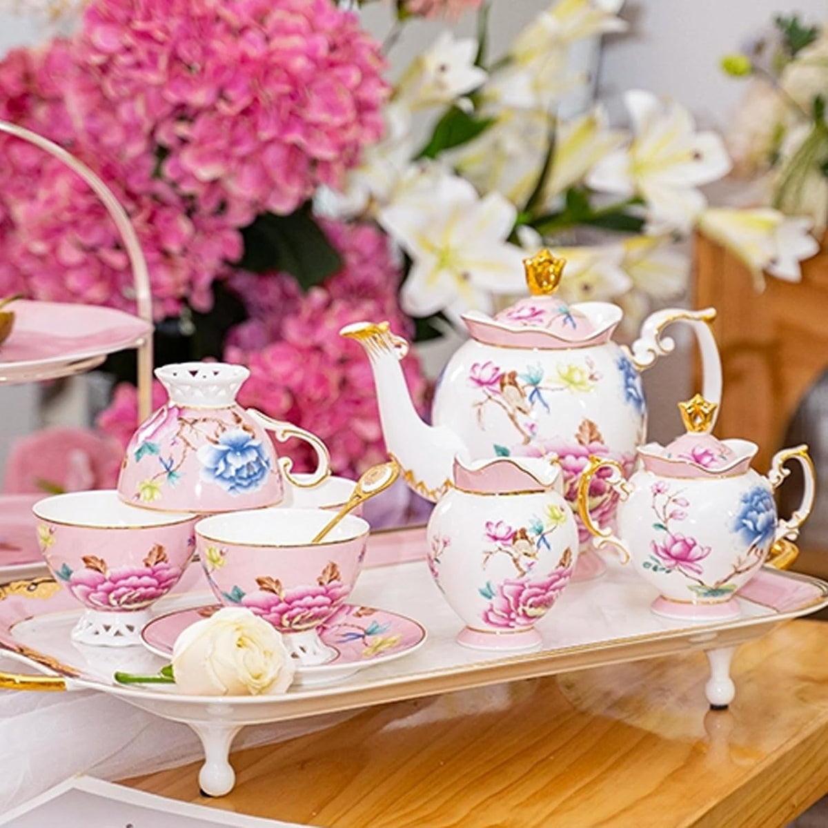 ACMLIFE Tea Set for Adults- Fine China Tea Set for 6, 21-Piece Vintage Coffee Set English Porcelain Tea Pot Sets for Adult Tea Party for Women Gift (Pink, Extra Large 21)