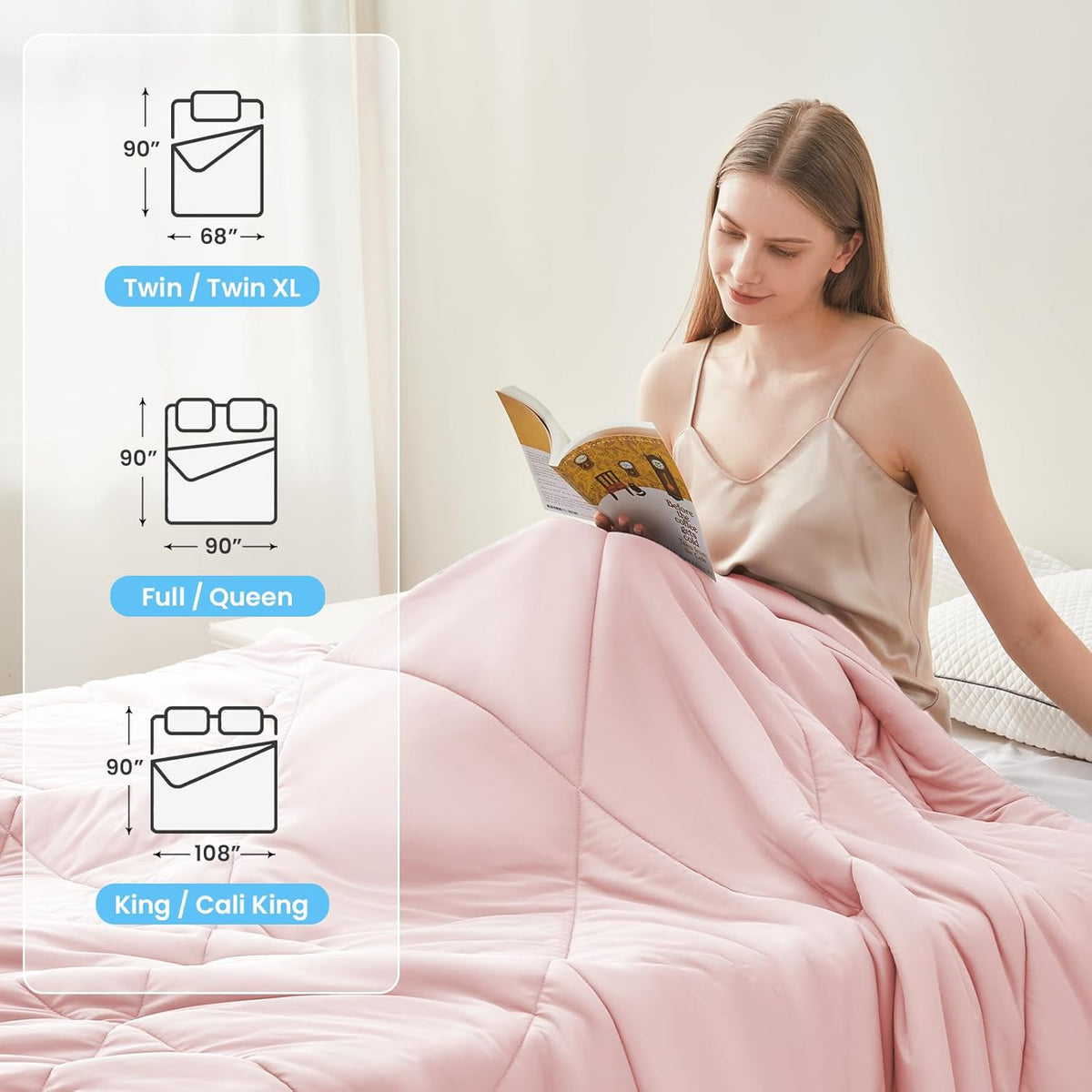 HYLEORY Cooling Comforter Queen Size - Summer Cooling Blanket for Hot Sleepers/Night Sweats, Double-Sided Cold Touch Silky Ice Comforters, Breathable Lightweight Beddings, Cool Pink, 90"x90"