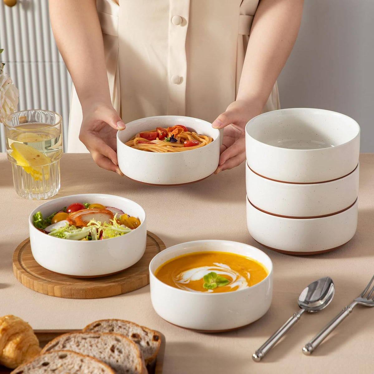 MALACASA Cereal Bowls Set of 6, 24 OZ Ceramic Bowls for Kitchen, Soup Bowl Breakfast Bowls, Dishwasher Microwave Safe, Khaki White, Series TARA