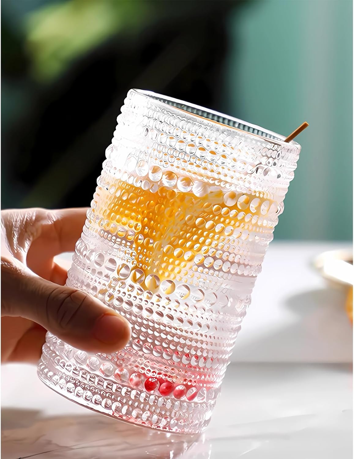 2 Pcs Iced Coffee Glasses Cups with Bamboo Lids and Straws,12 oz Thick Emboss Beaded Drinking Glass Cup Set,Latte Glasses,Ideal for Water,Soda,Gift - with Cleaning Brushe