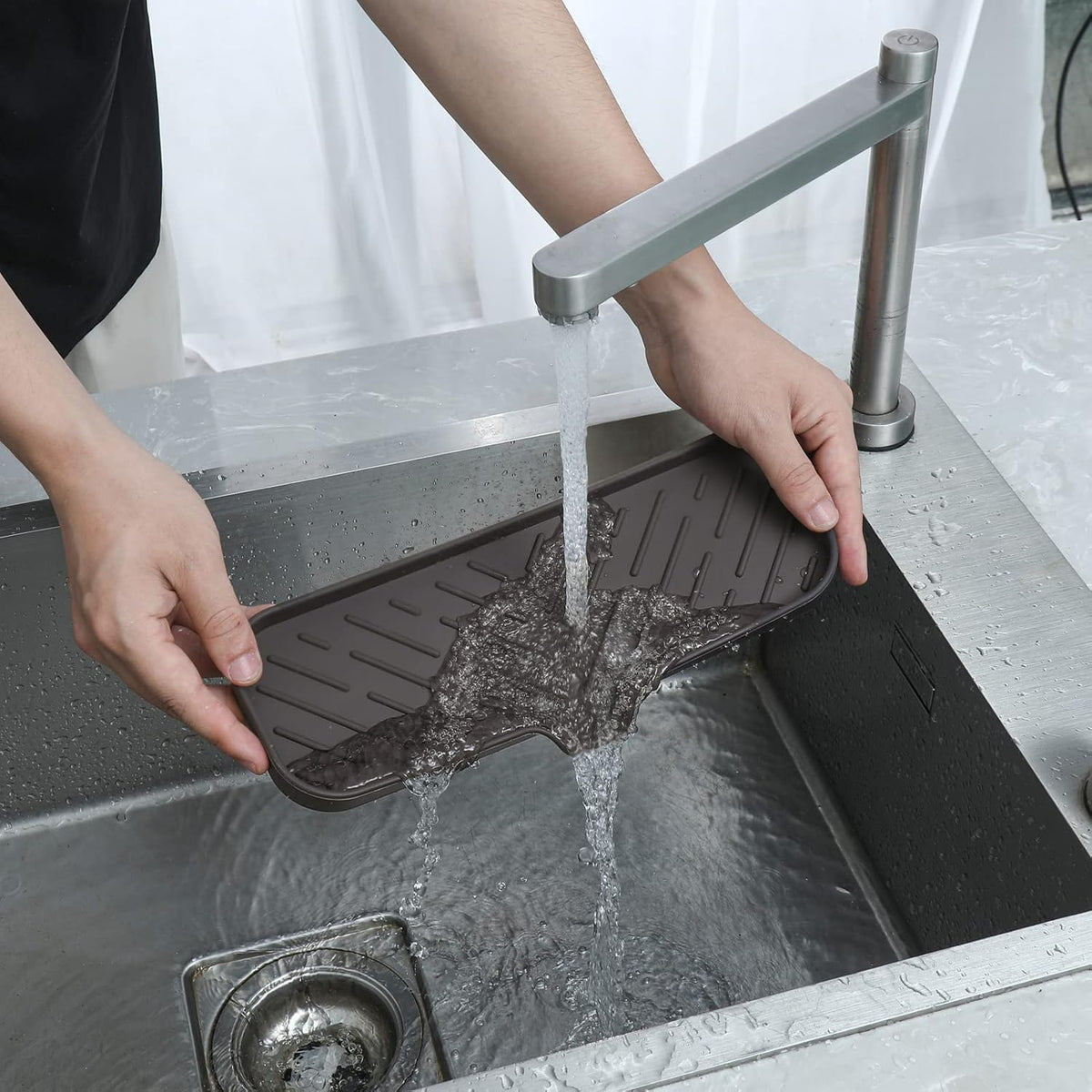 Silicone Bathroom Soap Dishes with Drain Spout-Bathroom and Kitchen Sink Organizer,Sponge Holder,Dish Soap Tray,Perfect for Dispenser,Scrubber,Bottle,Cup on Sink or Counter-Coffee 12"ร4"