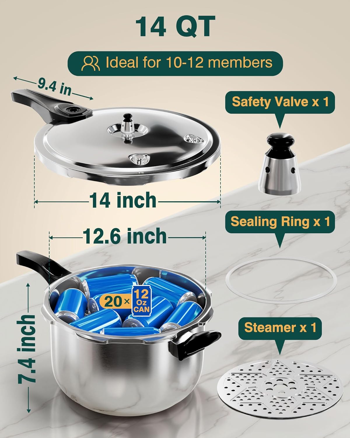 WantJoin Stainless Steel Pressure Cooker, Spring Valve Safeguard Devices, Gas Stove Eletric Stove Cooking (14qt)