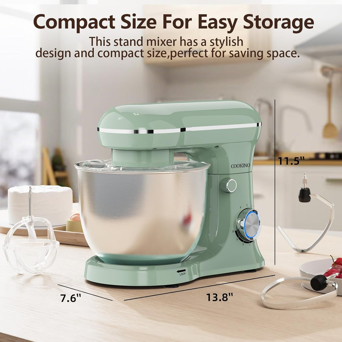 Electric Stand Mixer,10 Speeds Tilt-Head Food Mixer, 3-IN-1 Kitchen Mixer for Daily Cooks with 6 QT Bowl,Dough Hook, Beater, Whisk (Agave Green)