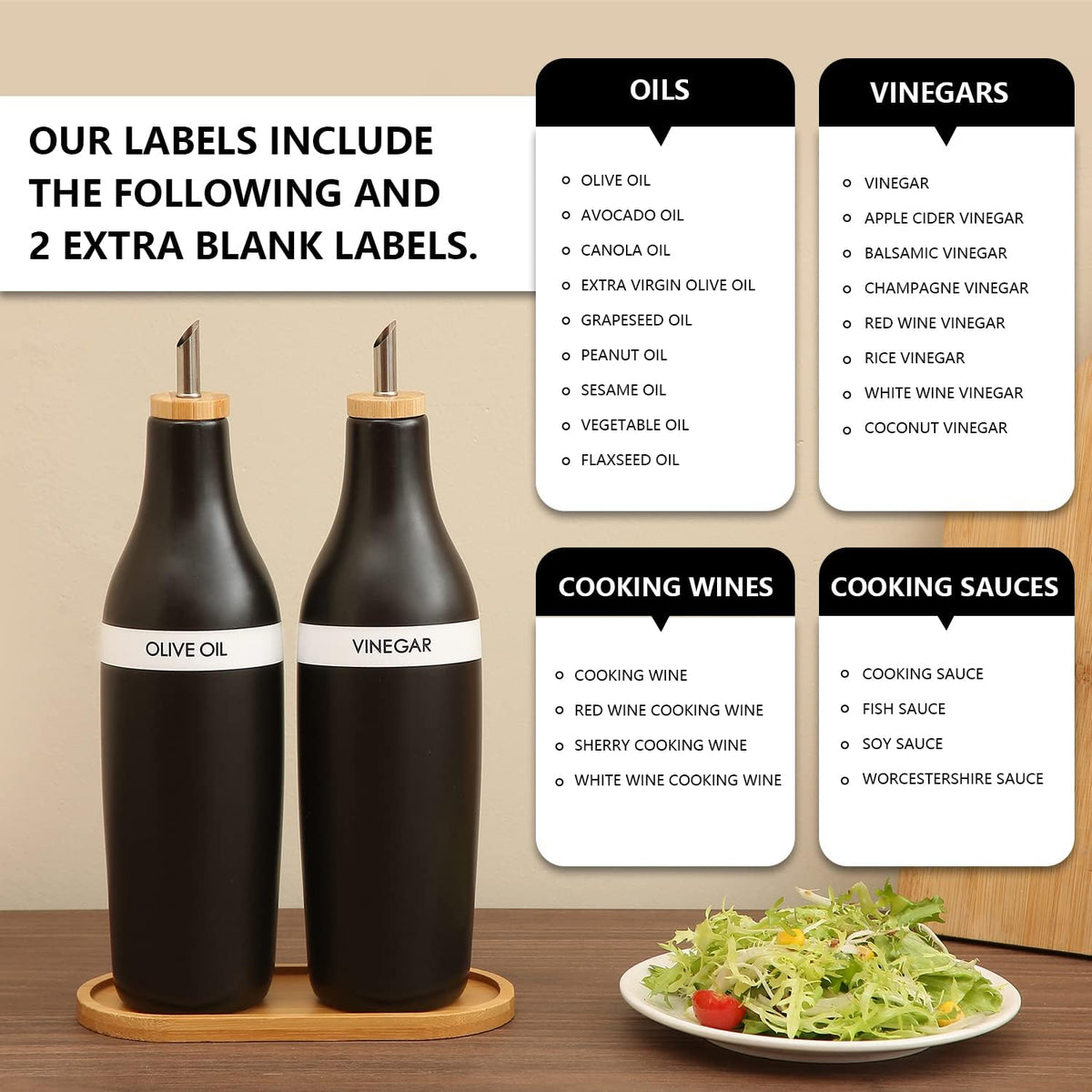 HOMCDALY Olive Oil and Vinegar Dispenser Set, Two 16oz Ceramic Oil Dispenser for Kitchen, Kitchen Dispenser Bottle for EVOO Vinegar Syrups, Modern Farmhouse Design| Set of 2 โ Black