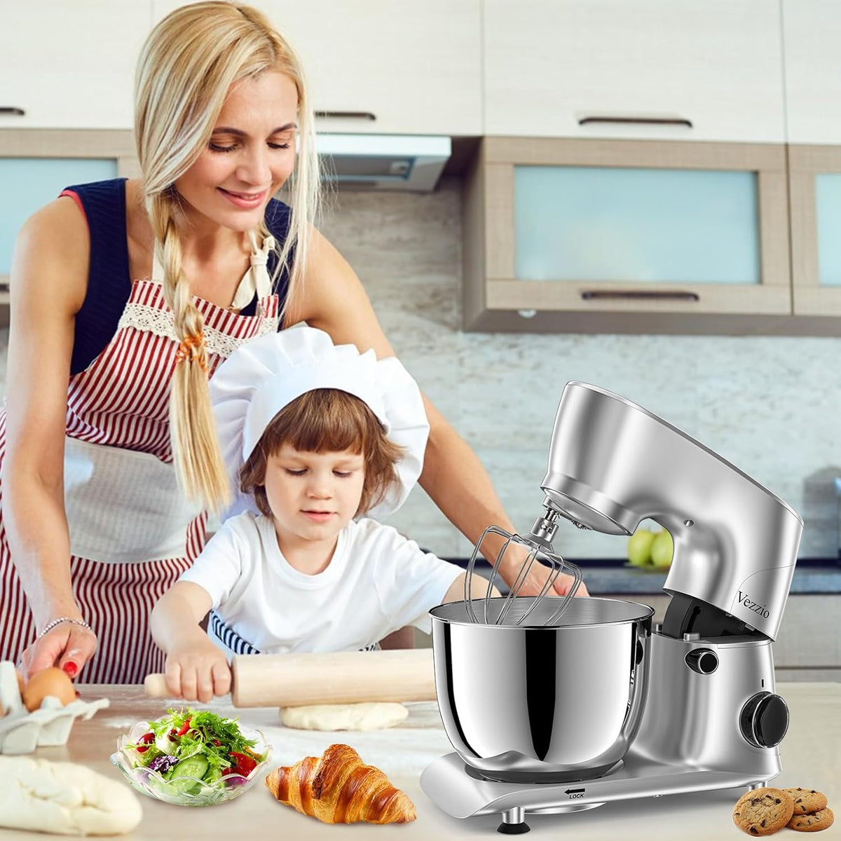 Vezzio Stand Mixer,6 Quarts,10-Speed Tilt-Head,Kitchen Food Mixer with Stainless Steel Bowl,Dough Hook,Whisk, Beater,Egg White Separator (Silver)