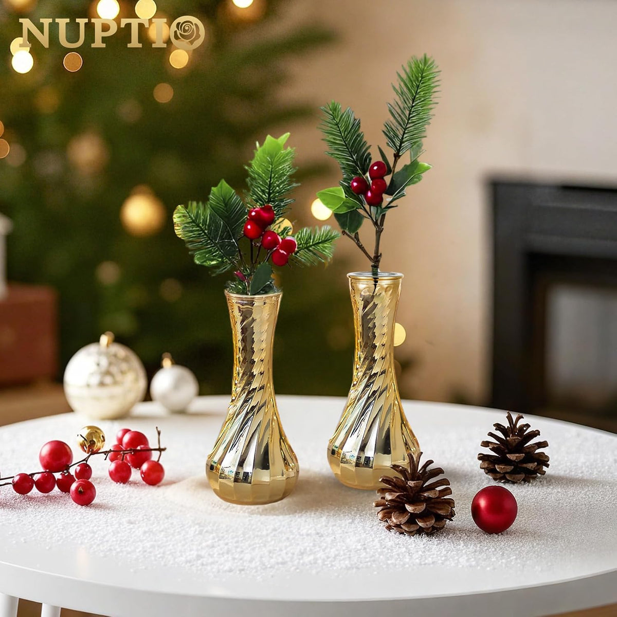 NUPTIO Glass Bud Vase Gold: 12 Pcs Small Flower Vases for Wedding Party Table Centrepiece - Vintage Ribbed Vase for Home Birthday Reception Decorations