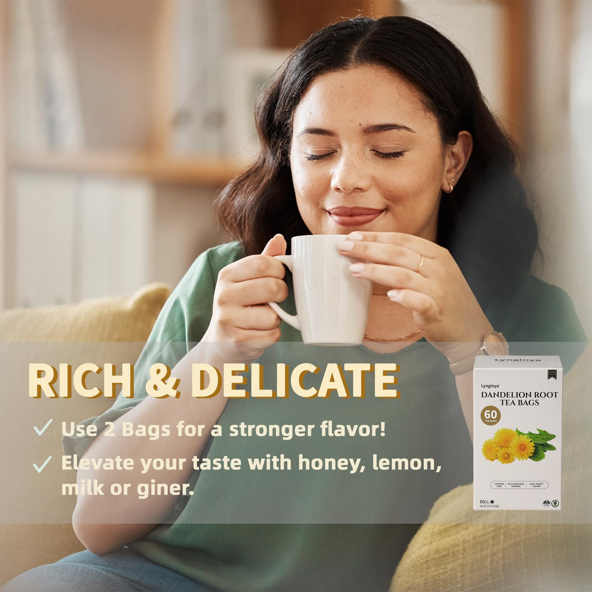 Lynginya Dandelion Root Tea, 60 Tea Bags - Premium Roasted Dandelion Root - Natural Herbal Tea - Rich Flavor - No Sugar & No Caffeine