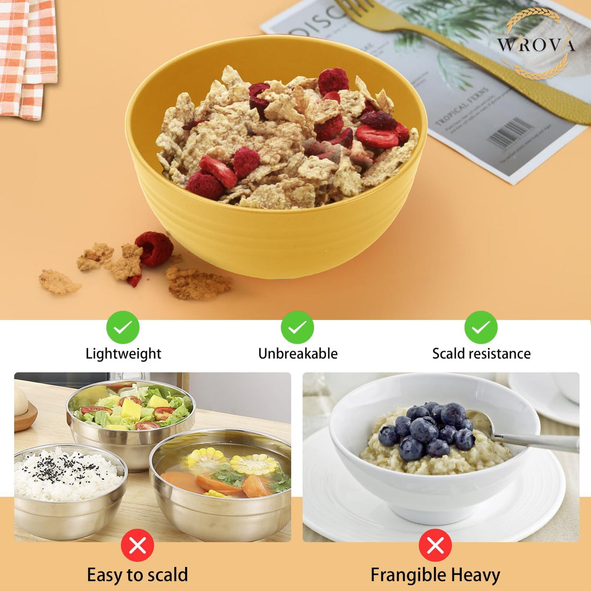 Wheat Straw Bowl Set of 8, Unbreakable Cereal Bowls 26 OZ,Freezer and Dishwasher Safe Bowl Sets,Breakfast Bowls suitable for cereal,salad,snack and soup (Yellow)