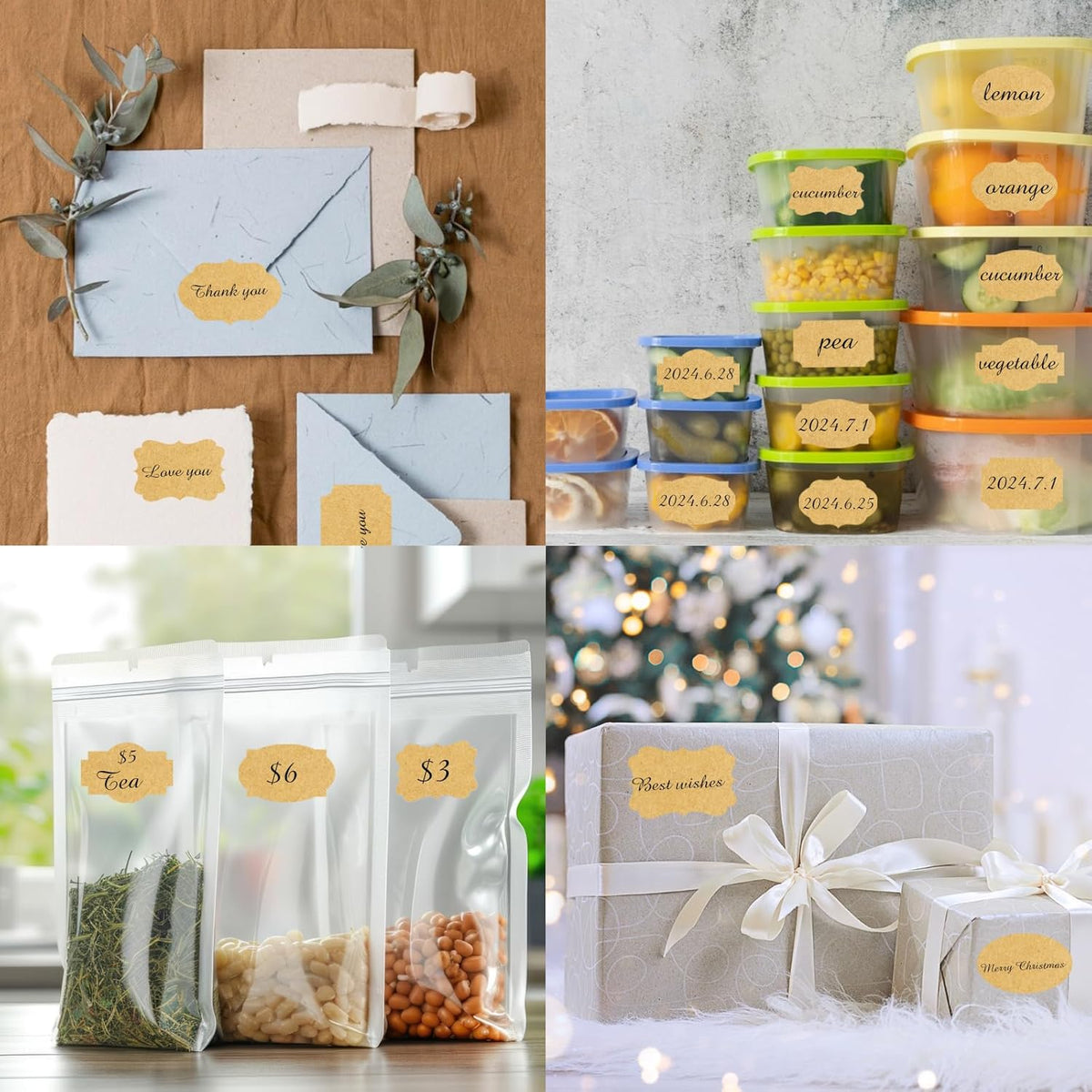 350 PCS Gift Tags Stickers Name Labels Stickers,2" x 1.2" Fancy Shape Stickers Self-Adhesive Handmade Bottle All-Purpose Jar Labels for Presents Cosmetic Decoration Jars Food Craft (Kraft)