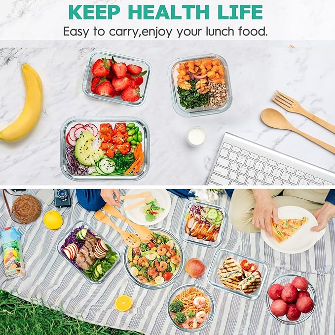 34pcs Glass Food Storage Containers with Lids Set, Airtight Glass Meal Prep Containers (17 Containers & 17 Lids), Leak Proof Lunch Containers BPA-Free, Microwave, Oven, Freezer, Dishwasher Safe-Blue