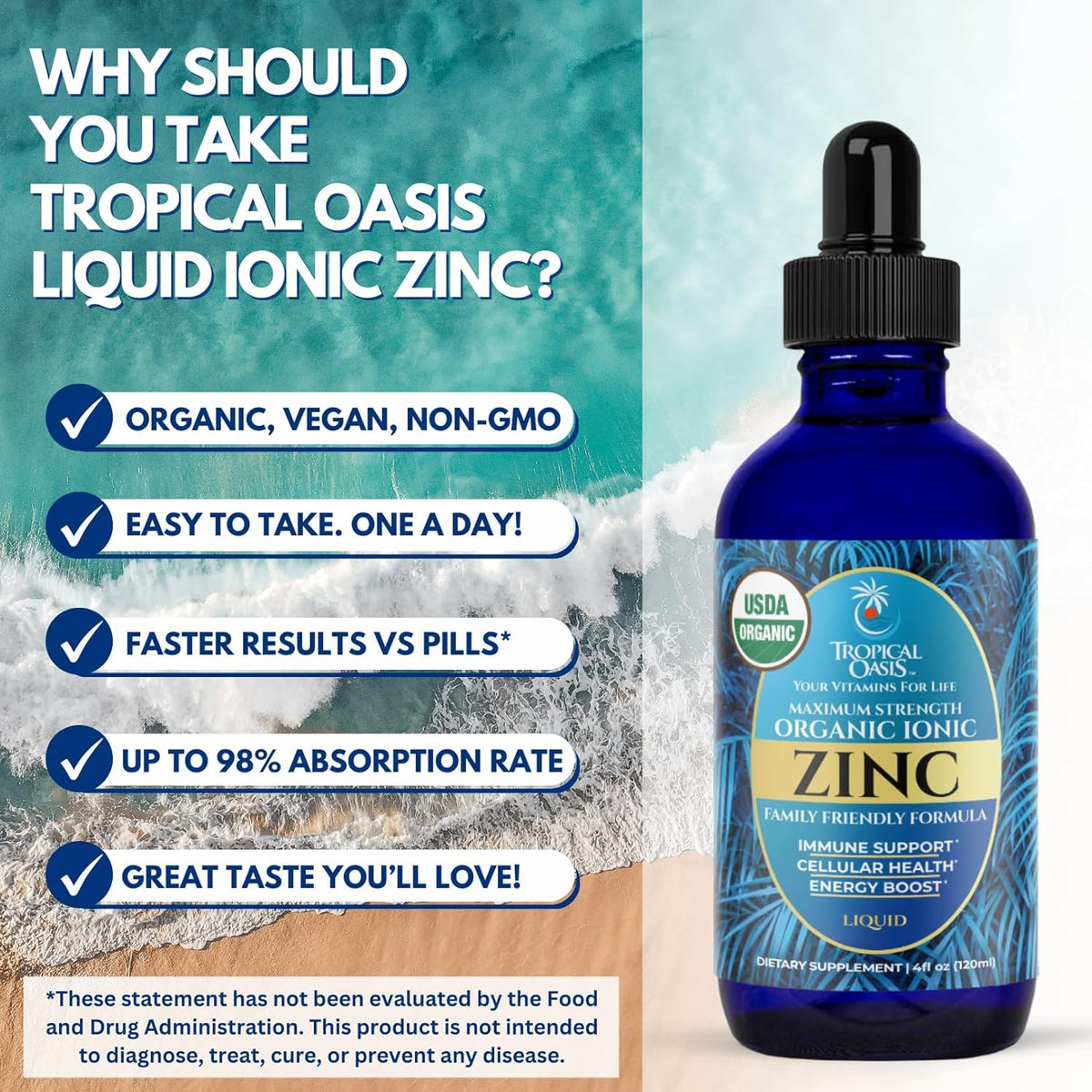 USDA Organic Ionic Zinc Droppers for Men, Women & Kids | Liquid Zinc Supplement Trace Mineral Formula | Immune Function | Skin Health | 98% Absorption | Sugar-Free, Vegan, Non-GMO | 4 Fl Oz