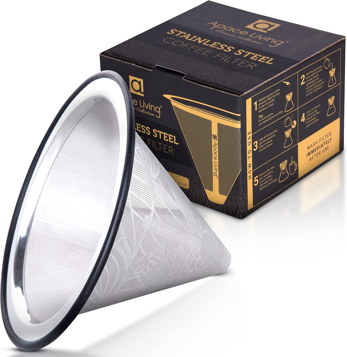 Compatible with Hario V60 Pour Over Coffee Filter - Wide Metal Base Reusable Stainless Steel Coffee Dripper - Paperless Coffee Filter for Sustainable Brewing