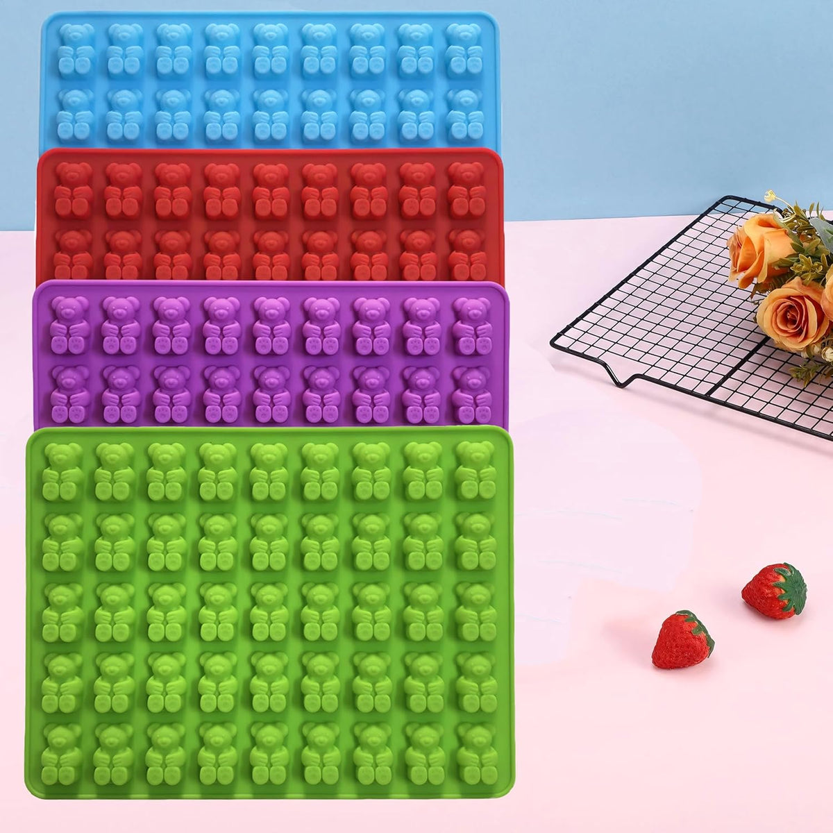 Gummy Candy Molds - 4Pcs Silicone Gummy Bear Molds for Kids With 2pcs Dropper,Non-stick and Bpa Free for Mini Candy Chocolate Gummies Baking