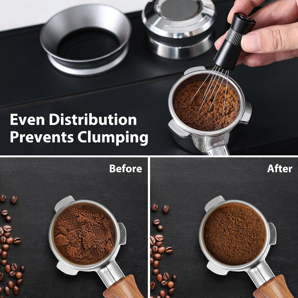 WDT Tool - Coffee Distribution Tool with Magnetic Stand, Adjustable Range Espresso Stirrer, 304 Stainless Steel 6 Needles 0.4mm and 6 Extra Needles 0.25mm