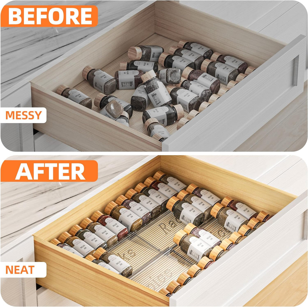 Spice Drawer Organizer, 4 Tier- 4 Pack Clear Acrylic Drawer Seasoning Organizer, Expandable From 11'' to 22'' Kitchen Spice Rack Organizers and Storage for Drawer (Jars not included)