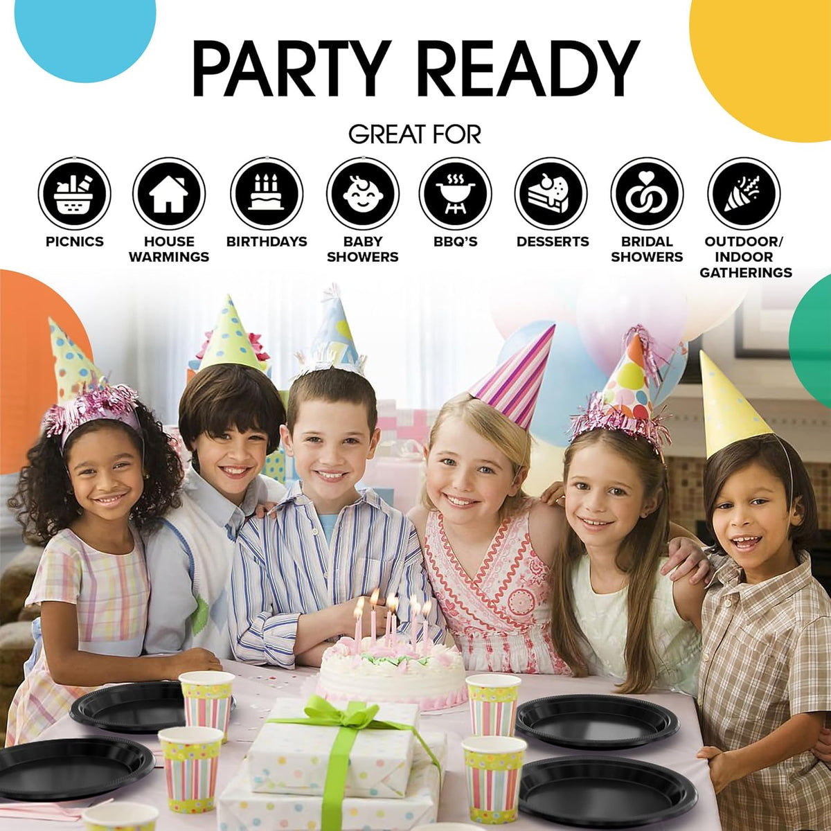 Exquisite Party Solids Black Plastic Plates For Party 9" Black Disposable Plates Heavy Duty Supplies 100 Pcs Plastic Dinnerware Sets Heavy Duty 350 GSM Disposable Dinnerware Set