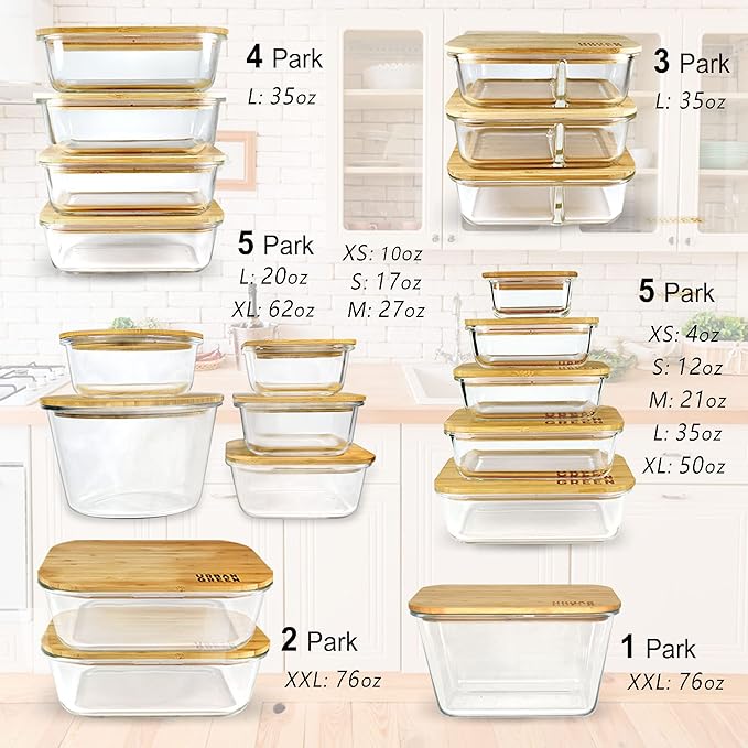 Urban Green Glass Containers with Bamboo Lids, Meal Prep Glass Food storage Container Set, 5 Pack, Pantry & Kitchen Organizer, Microwave, Oven, Freezer Safe