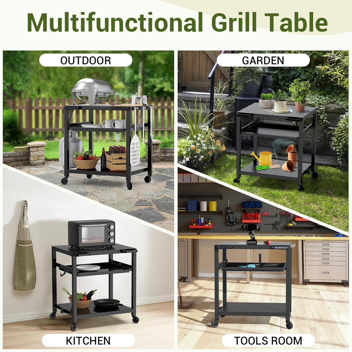 NUUK Outdoor Grill Prep Table 24"x30" Metal Grill Cart Outside 3-Layer Pizza Oven Table Movable with Universal Wheels for BBQ Backyard Patio