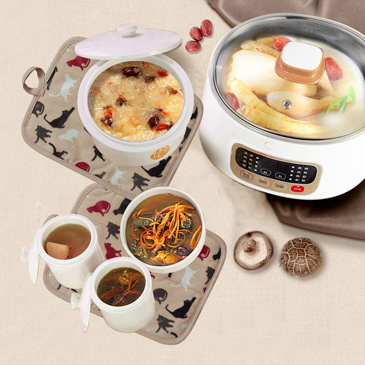 Pot Holders Set of 2 Heat Resistant 480 ℉ Kitchen Non Slip Clear Silicone Printed Comfortable Cotton Lining Women Men Cooking Barbecue Microwave Machine Washable (Cat, Khaki Potholders)