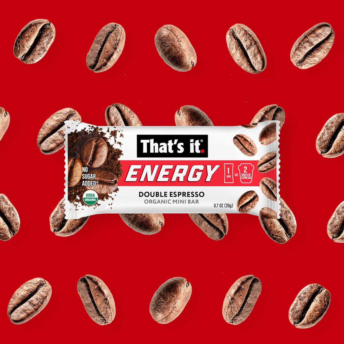 That’s it. Organic Energy Coffee Mini Bars - (1 Mini Bar = 2 Espresso Shots) Grab and Go, No Added Sugars, Non-GMO, Caffeine Power Snack, Kosher, Allergy Friendly (Double Espresso - 15 Count)