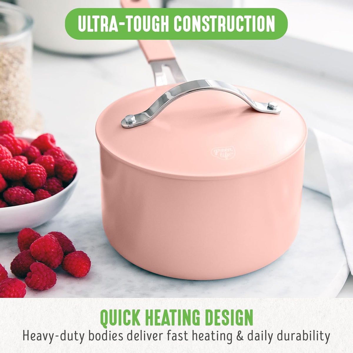GreenLife 2 Quart Nonstick Saucepan with Lid, Lightweight Healthy PFAS-Free Milk Pan, Dishwasher & Oven Safe Soup Pan, Durable Body, Silicone Stay-Cool Handle, Easy Release Chef’s Pan, Pink