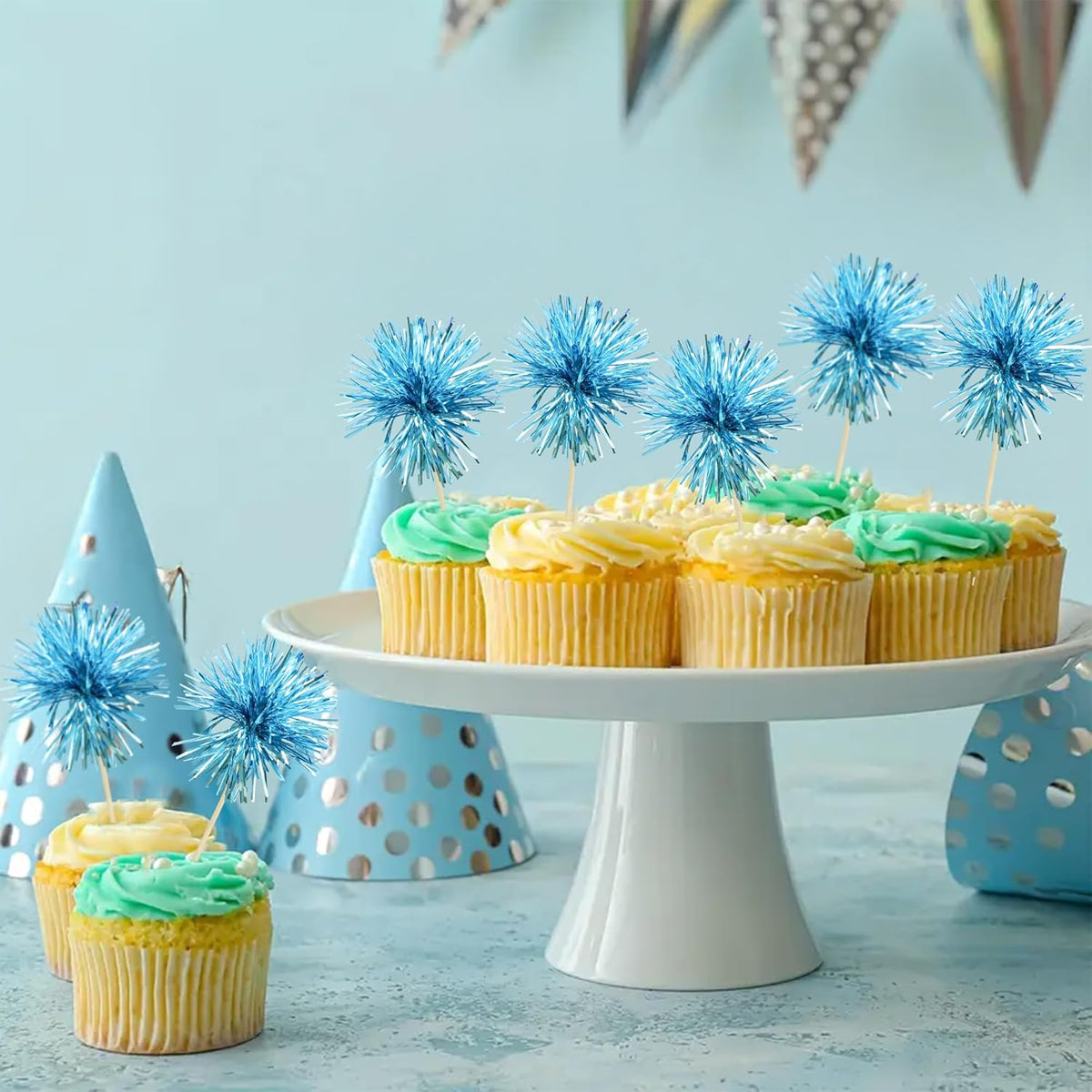 Ephlyn 30Pcs Foil Firework Cupcake Toppers Sparkle Tinsel Cupcake Picks Happy Birthday Cake Toppers Drink Stirrers Cocktail Food Toothpicks for Baby Shower Birthday Party Supplies Lake Blue