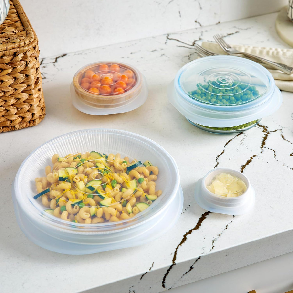Stasher Premium Reusable Silicone Stretch Lids Variety 4-Pack, Clear, 9”, 6.5”, 4.5”, 2.5”, Airtight Seal, Food Container Covers, BPA Free, Leak-free, Dishwasher Safe, Microwave Safe, Eco-Friendly