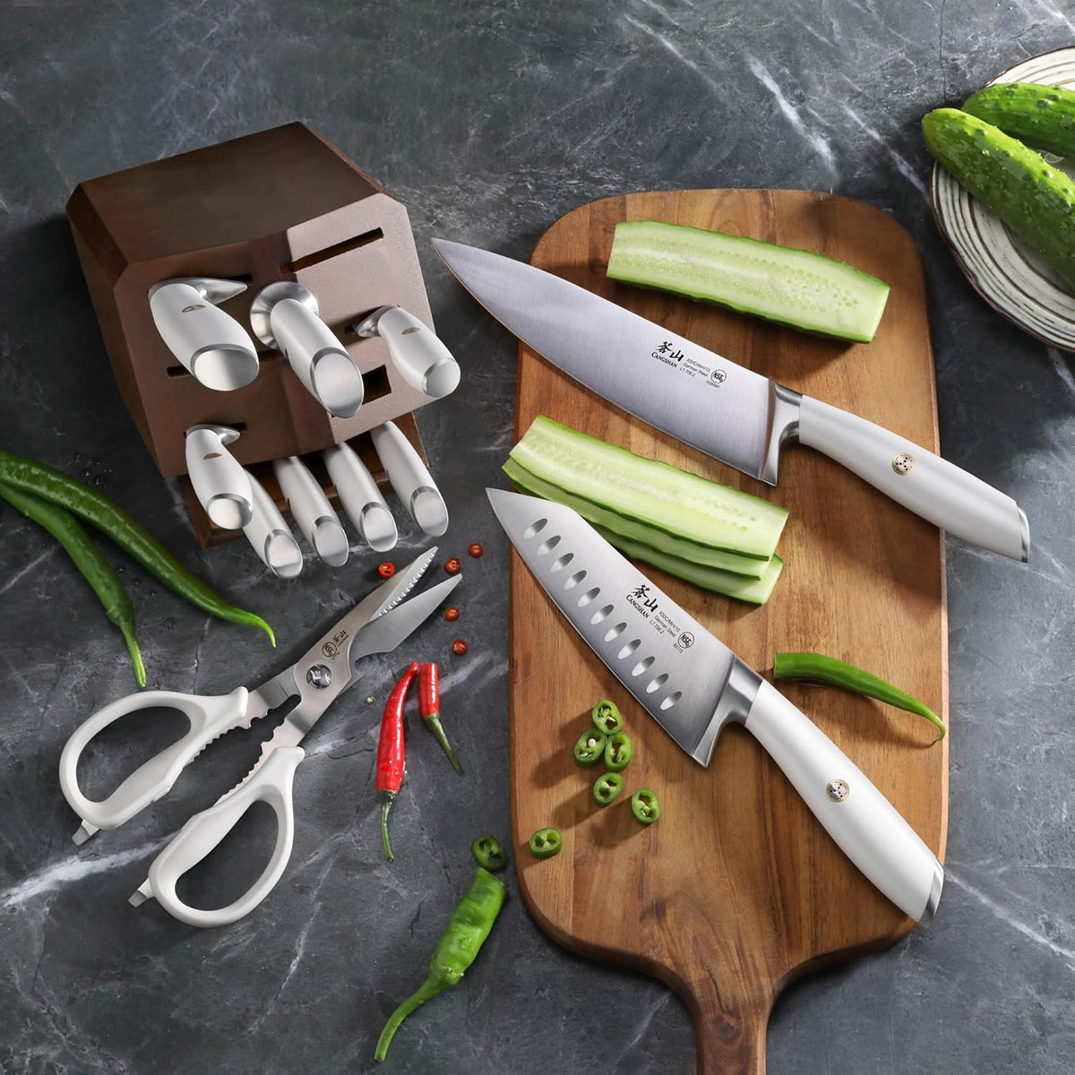Cangshan L Series Knife Block Sets, Forged German Steel (12-Piece 4 Steak Knives, White)