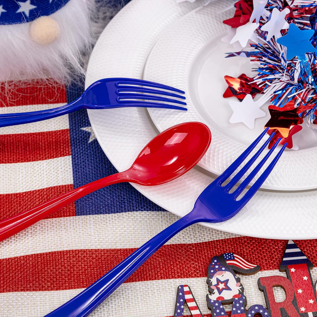 Liacere 200Pcs 4th of July Red Blue Disposable Plastic Silverware-Red Blue Plastic Cutlery - American Flag Patriotic Party Supplies include 100Forks 50Spoons 50Knives for Independence Day&Memorial Day