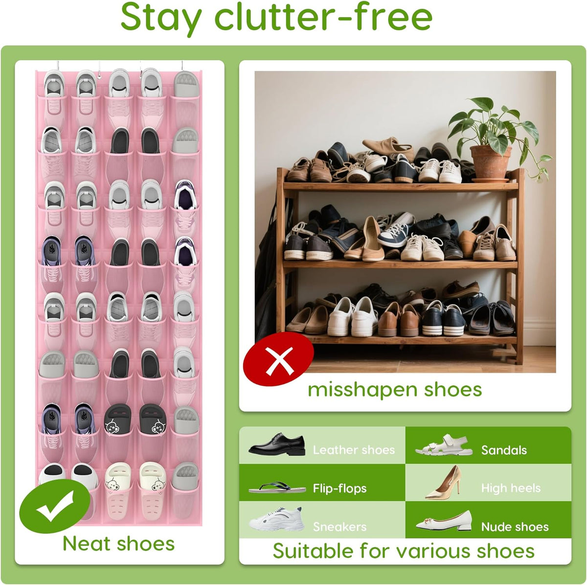 Unjumbly Over the Door Shoe Organizer with 40 Large Breathable Mesh Pockets, Space Saving Shoe Holder, Hanging Shoe Rack for Entryway Bedroom Closet Storage (Pink, 40 Pockets)