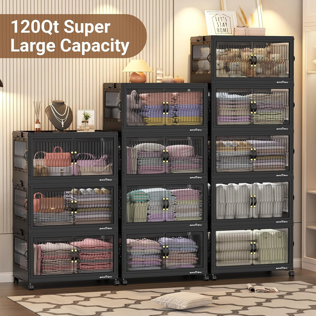 360QT Large Stackable Storage Bins with Lids, Plastic Closet Organizer and Storage Drawer, Collapsible Storage Box with Wheels, Folding Storage Cabinet with Doors for Home Kitchen, 3Pack Black