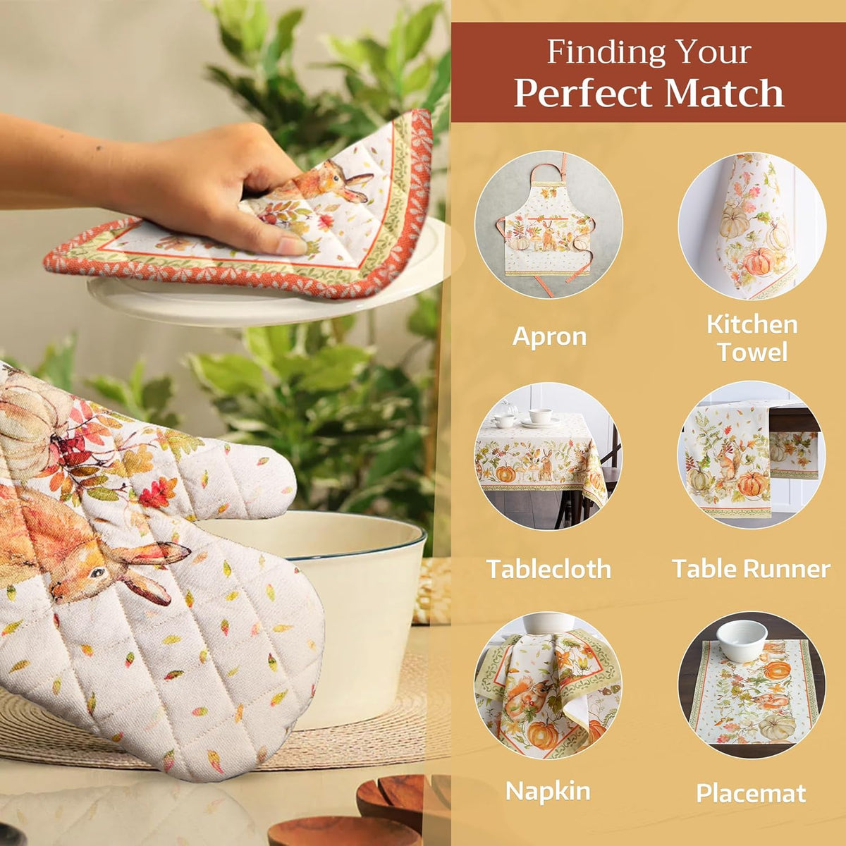 Maison d' Hermine Oven Gloves 100% Cotton Oven Mitt 7" x 13" with Loop Heat Resistant, BBQ, Cooking Gloves, Baking, Grilling, Kitchen, Handling Hot Pans (Pack of 1, Pumpkin Passion)