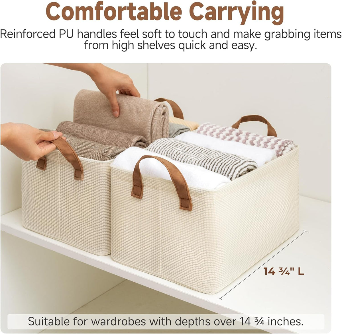 StorageWorks Storage Bins, Shelves Baskets for Organizing, Fabric Closet Organizers with Handles, Metal Frame, Beige(Texture), 2-Pack