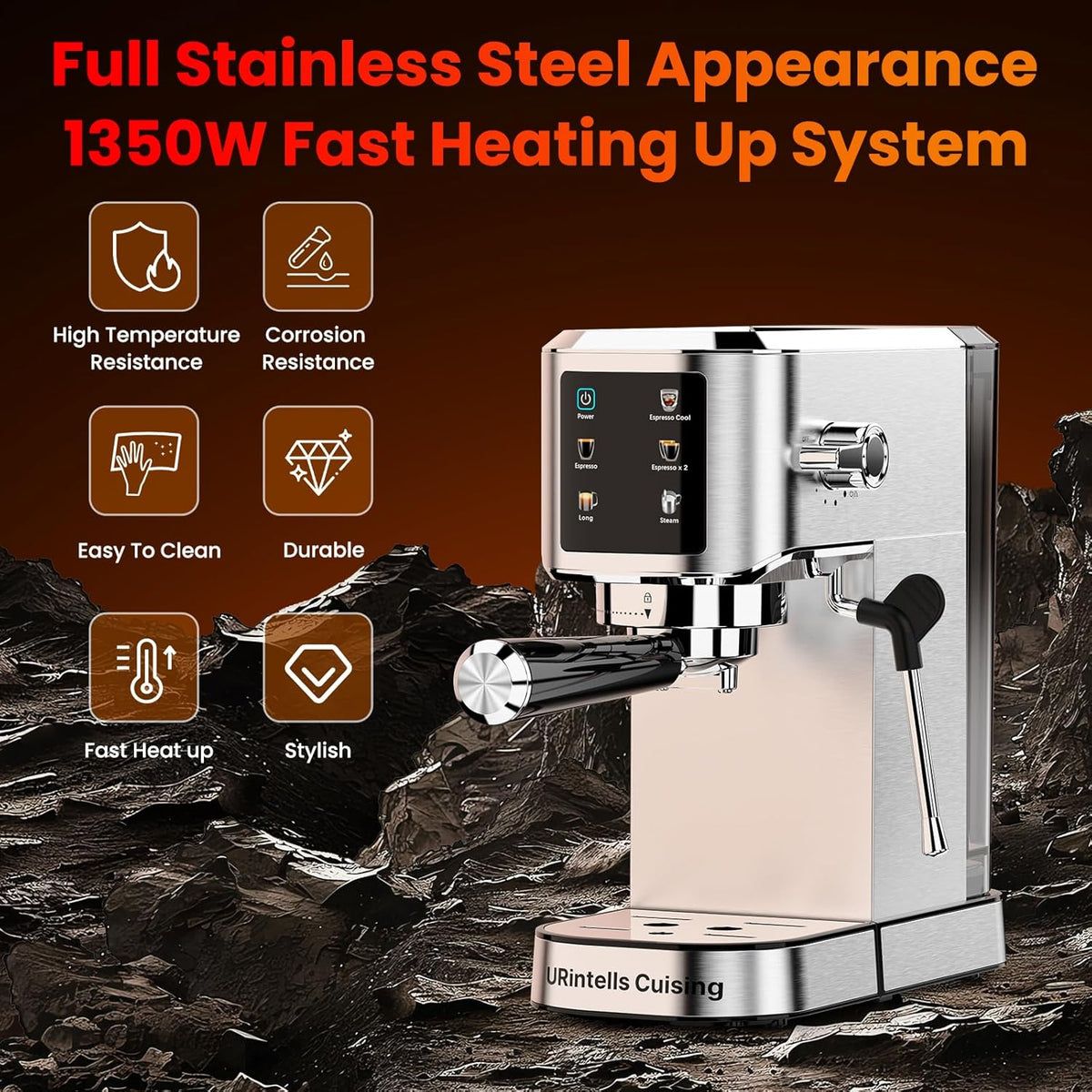 Espresso Machine 20 Bar,Touchscreen Espresso Maker with Steam Milk Frother, Stainless Steel Expresso Coffee Machine for Home with Removable Water Tank for Cappuccino Latte,Cold Brew,Long Coffee