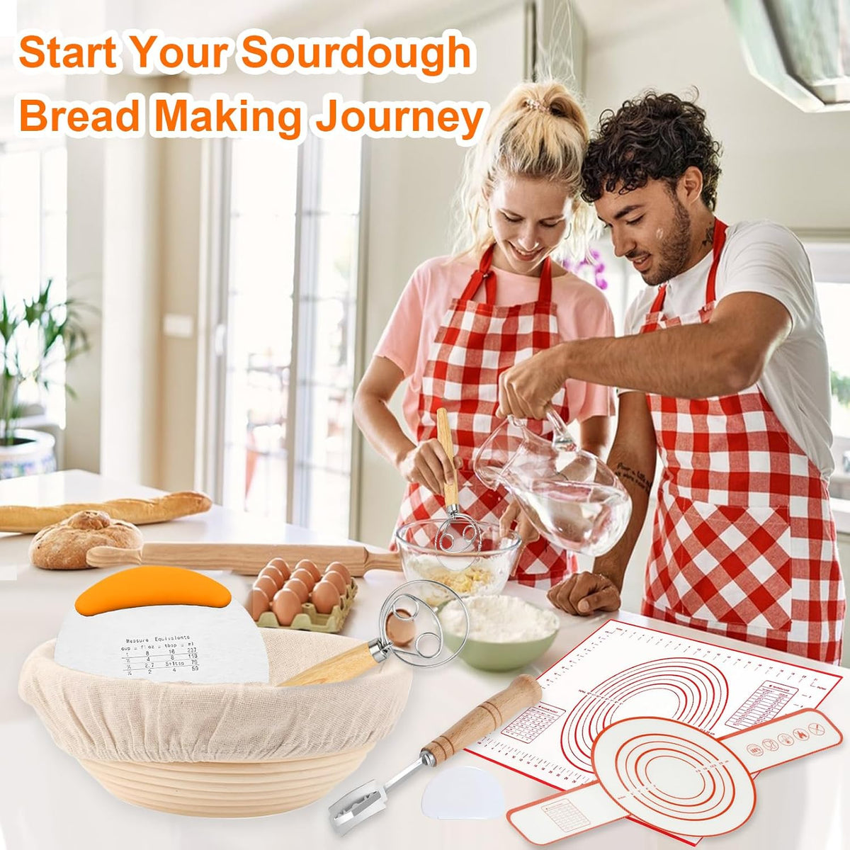 2PCS 9Inch Round Banneton Bread Proofing Basket Sets,Sourdough Bread Baking Supplies with Linen Liners,Silicone Bread Sling,Danish Whisk,Scoring Cutter,Dough Scraper