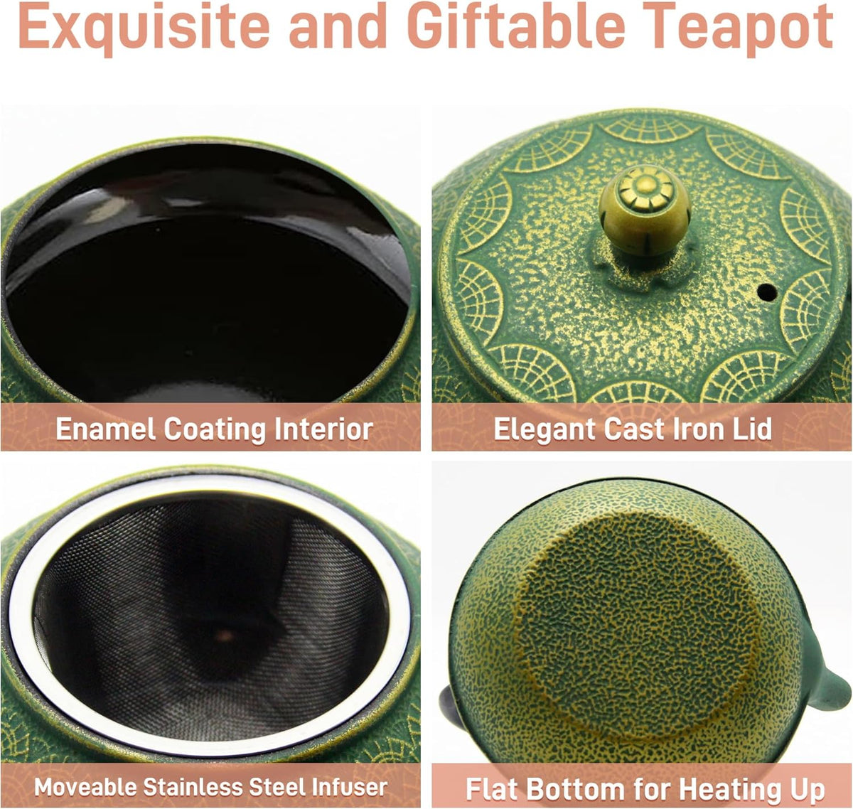 900ml Cast Iron Tea Kettle,SECHUDO Teapot Coated with Enameled Interior for Loose Leaf, Small Cast Iron Teapot with Strainer for Stovetop Safe, Green Iron Kettle(30.4oz)